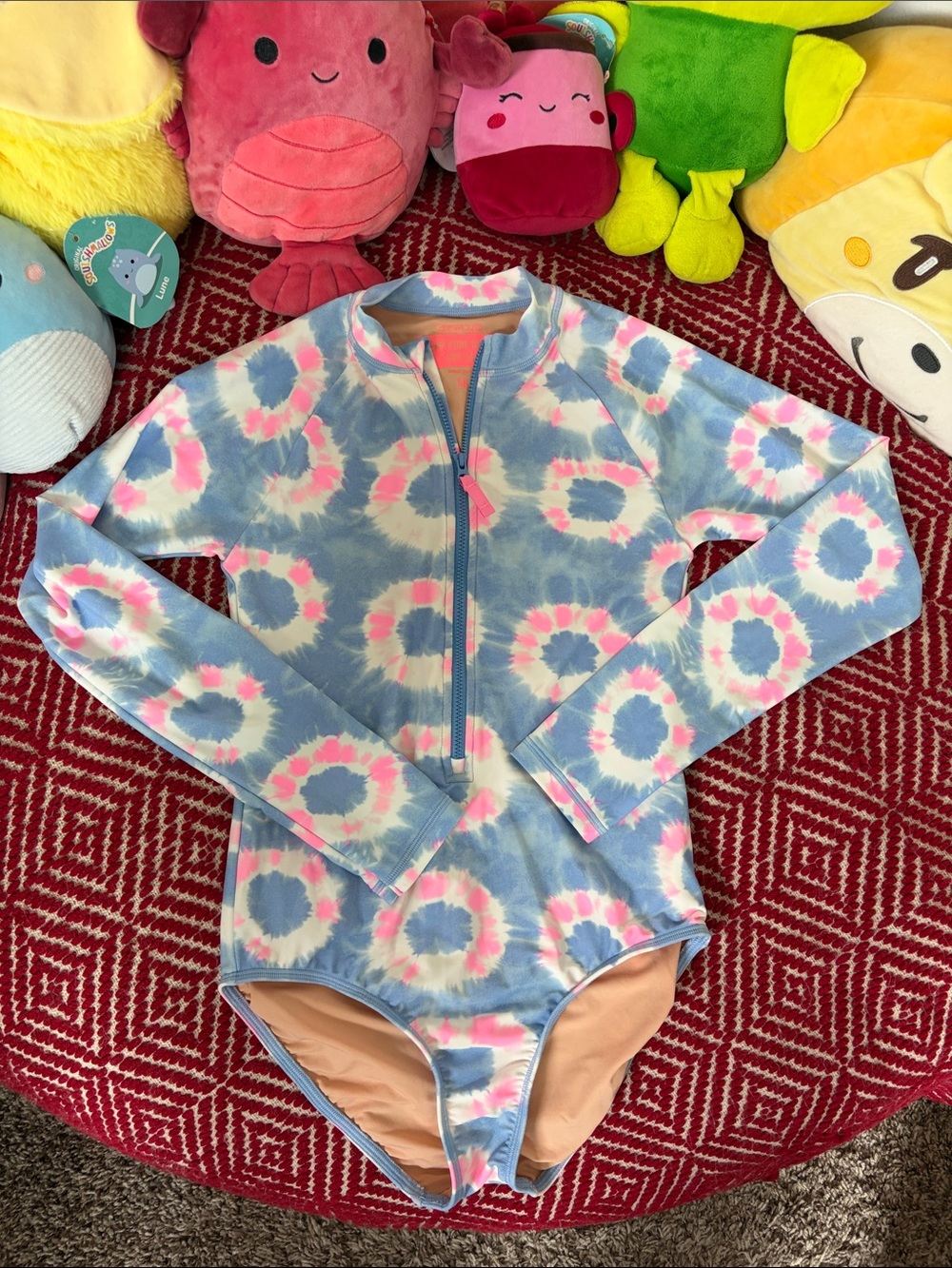 Crewcuts Girls Long-Sleeve Tie-Dye One-Piece Swimsuit - Blue & Pink size 14